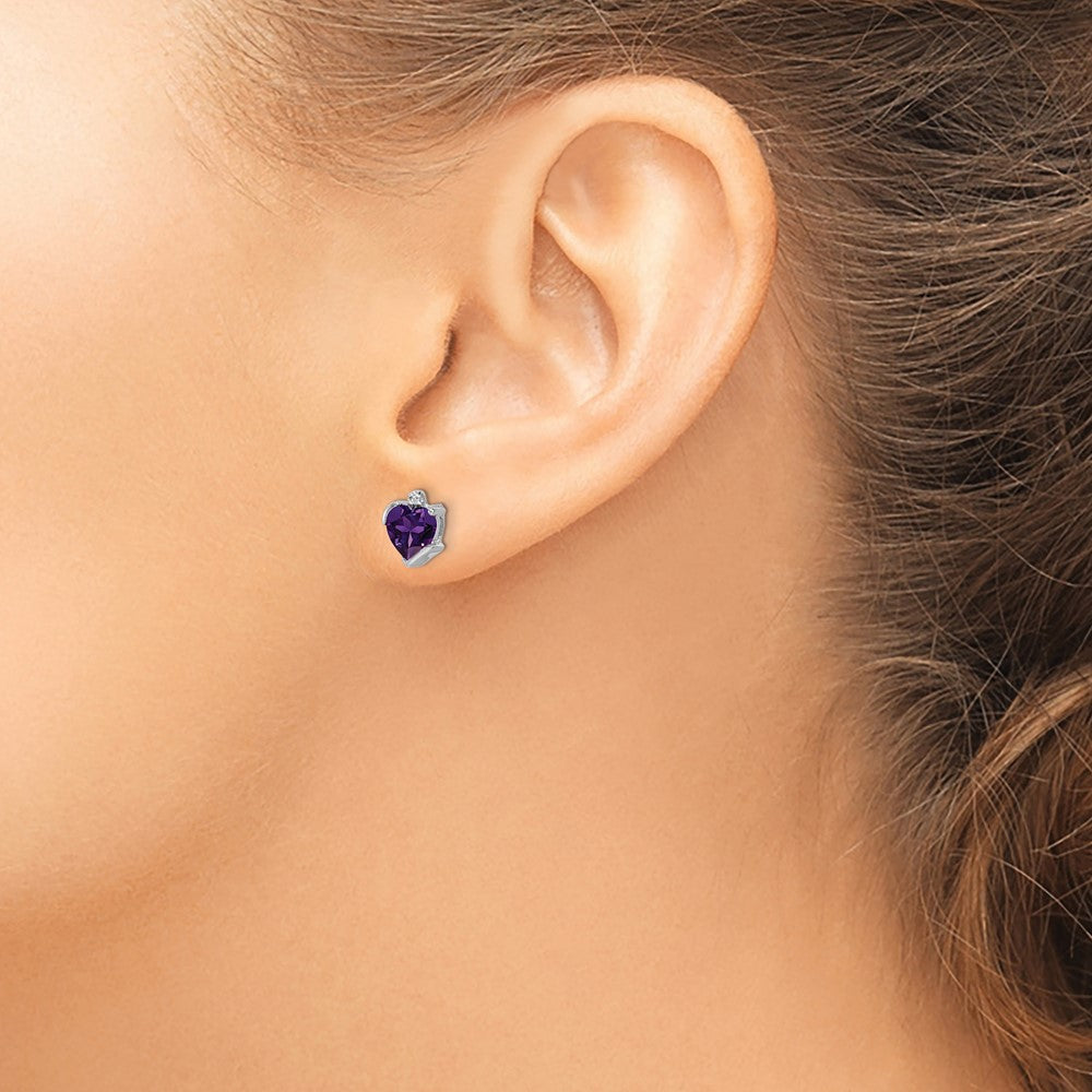 Solid 14k White Gold Simulated Amethyst and CZ Heart Earrings