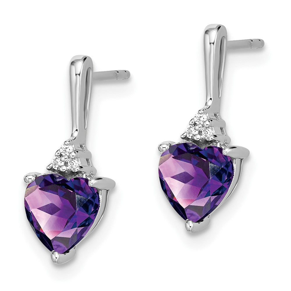 Solid 14k White Gold Simulated Amethyst and CZ Heart Earrings