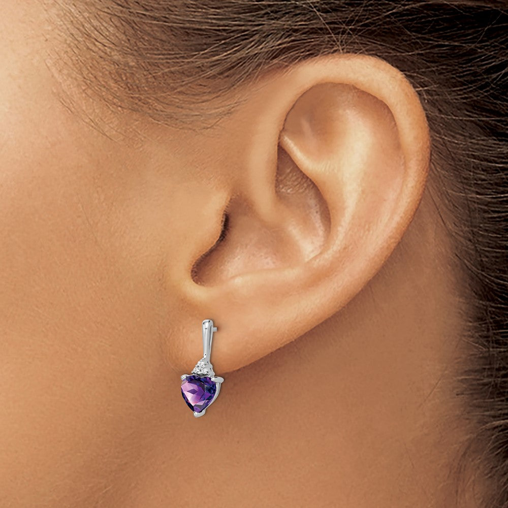 Solid 14k White Gold Simulated Amethyst and CZ Heart Earrings