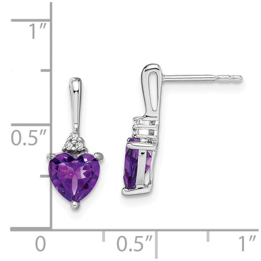 Solid 14k White Gold Simulated Amethyst and CZ Heart Earrings