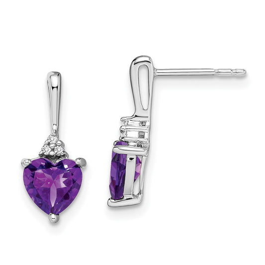 Solid 14k White Gold Simulated Amethyst and CZ Heart Earrings