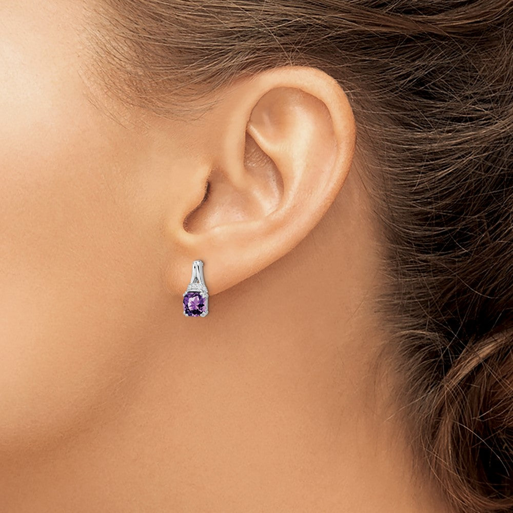 Solid 14k White Gold Simulated Amethyst and CZ Earrings