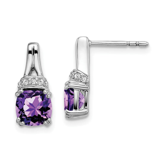 Solid 14k White Gold Simulated Amethyst and CZ Earrings