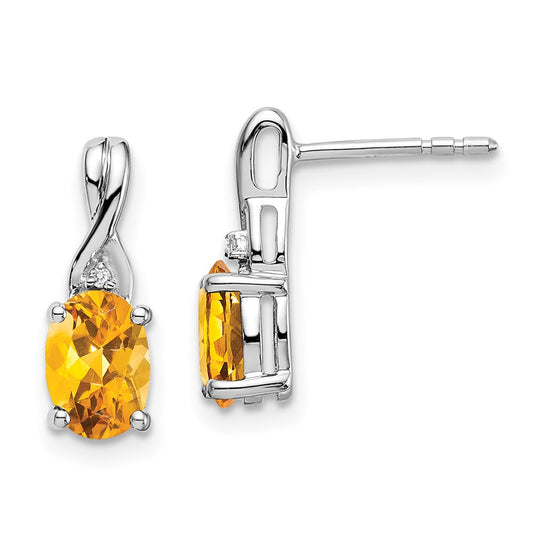 Solid 14k White Gold Oval Simulated Citrine and CZ Earrings