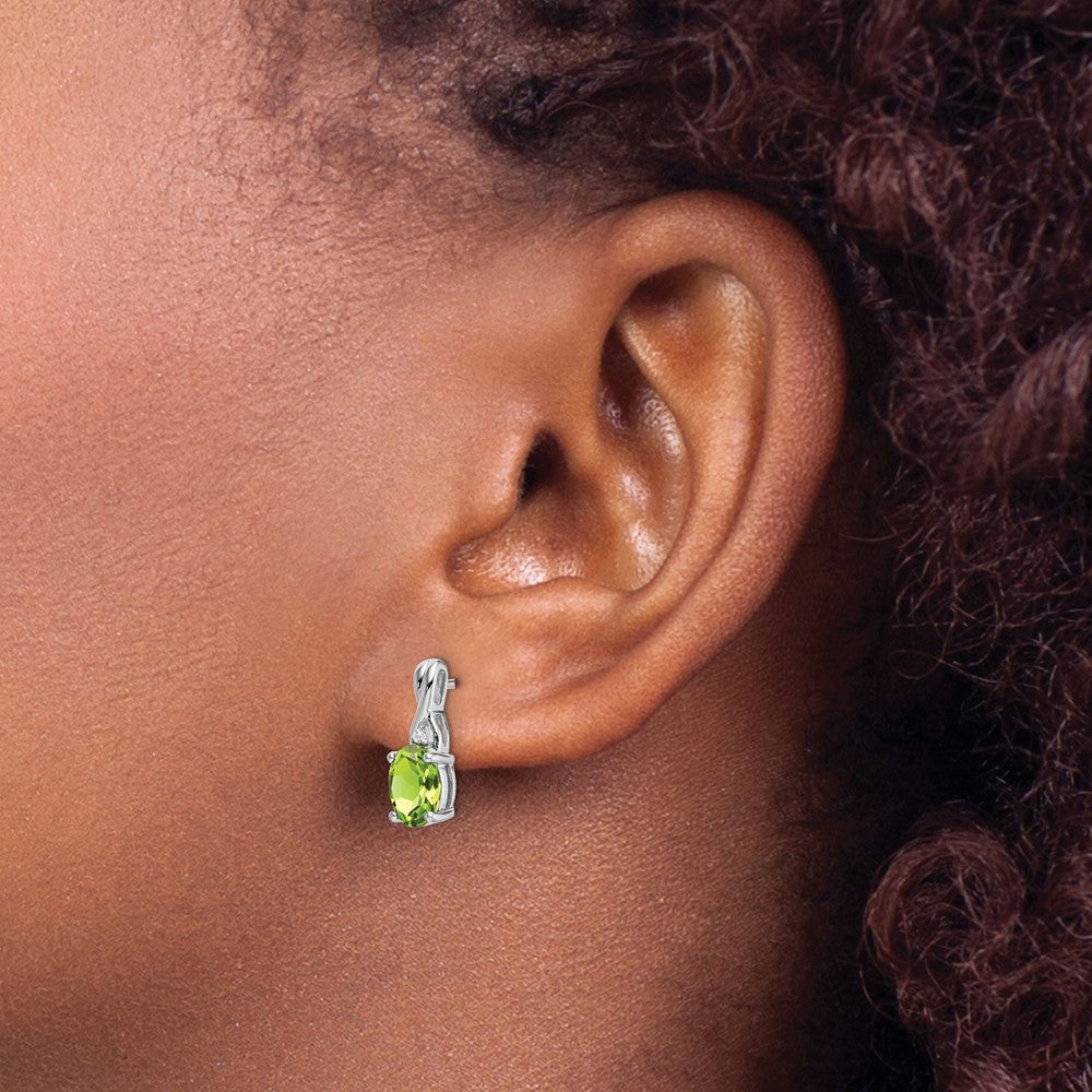 Solid 14k White Gold Oval Simulated Peridot and CZ Earrings