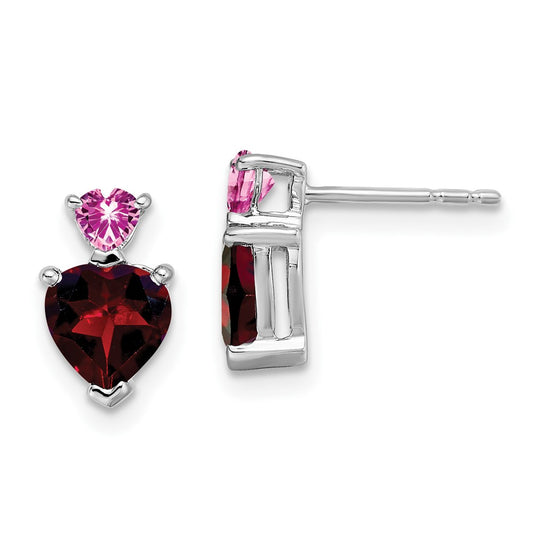 Solid 14k White Gold Simulated Garnet and Cr. PinK Sapphire Heart Earrings