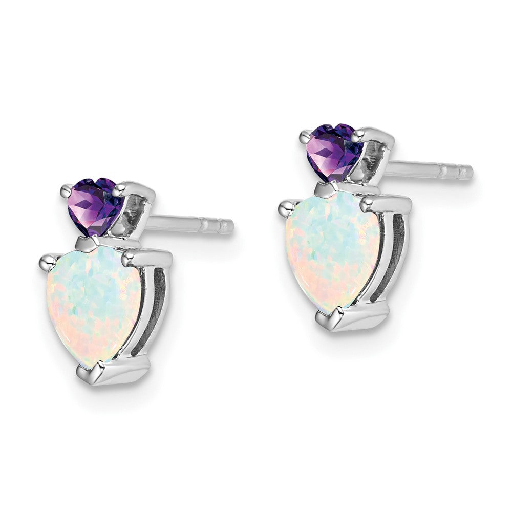 14k White Gold Created Opal and Amethyst Heart Earrings