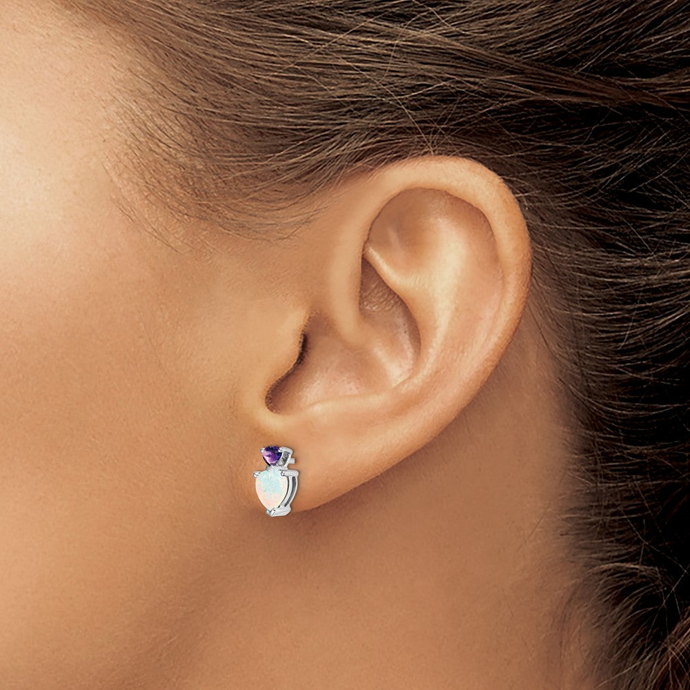 14k White Gold Created Opal and Amethyst Heart Earrings