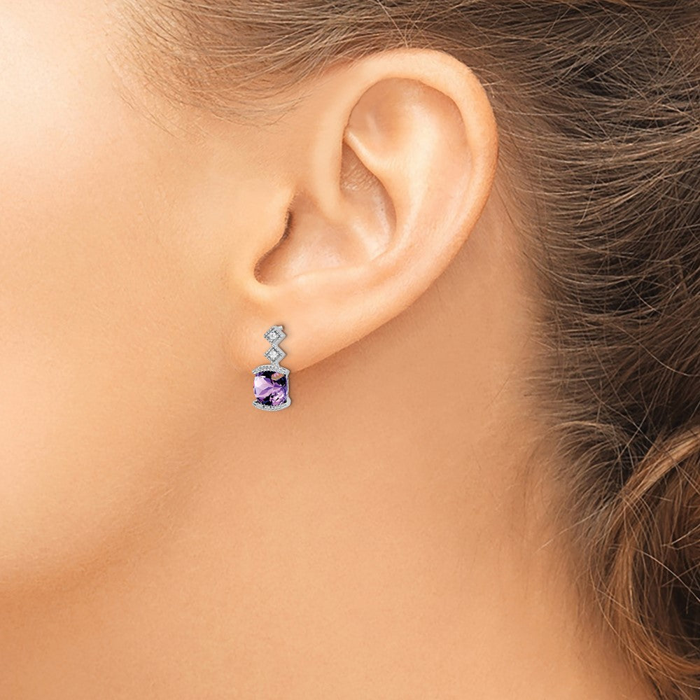 Solid 14k White Gold Simulated Amethyst and CZ Earrings