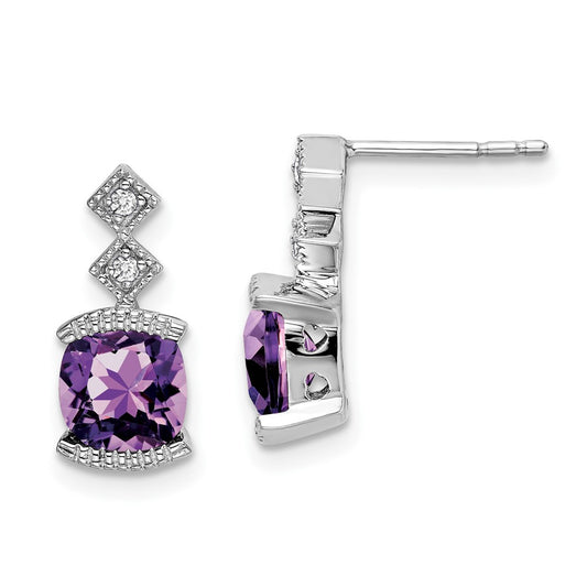 Solid 14k White Gold Simulated Amethyst and CZ Earrings