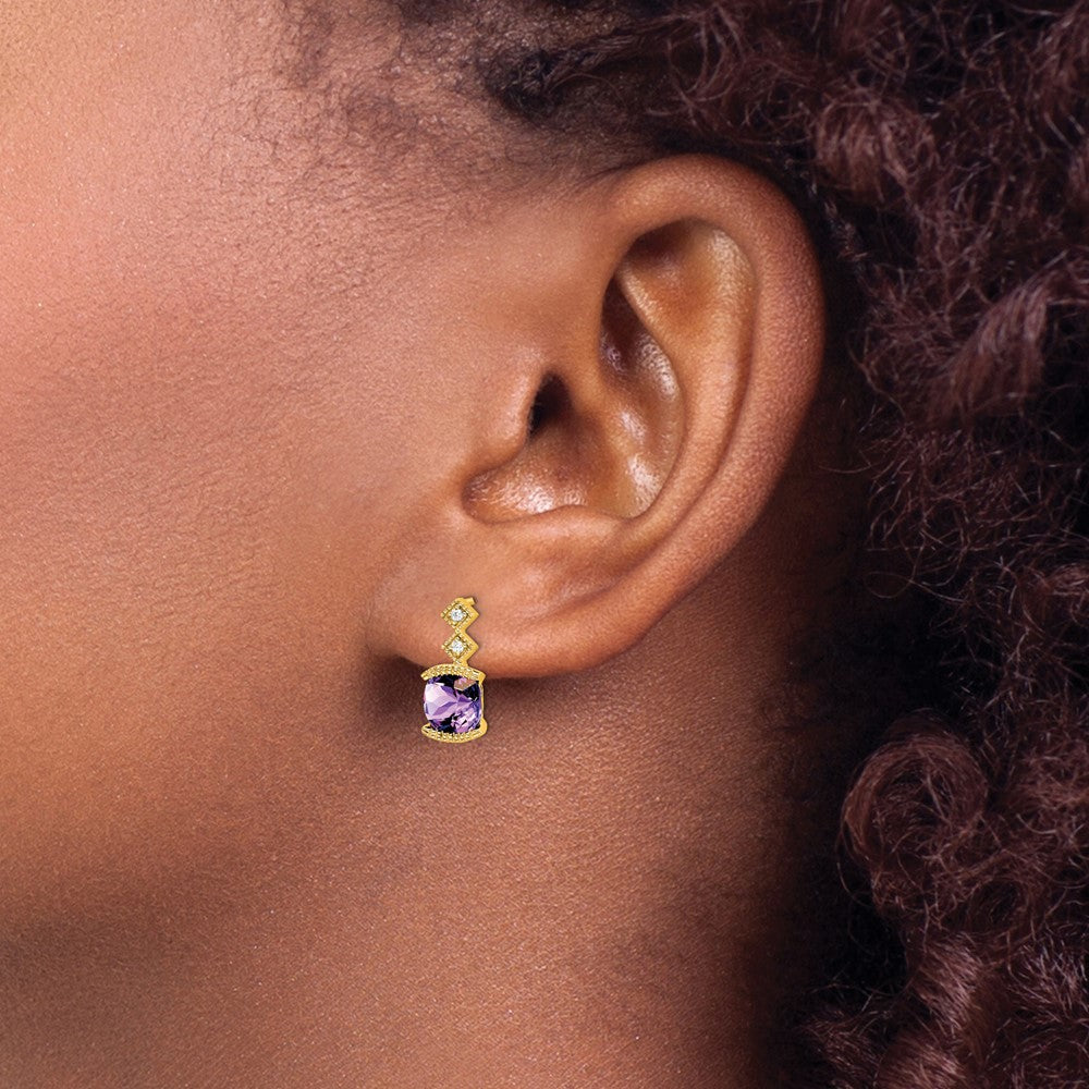 14k Yellow Gold Amethyst and Real Diamond Earrings