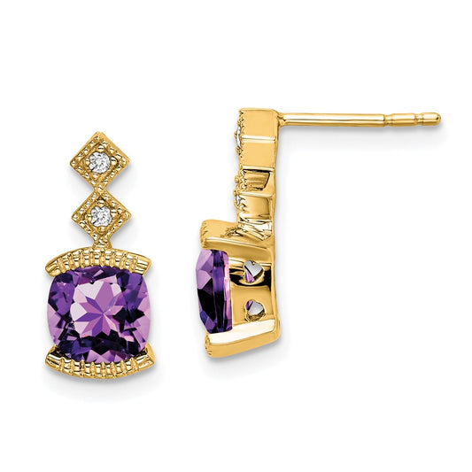 Solid 14k Yellow Gold Simulated Amethyst and CZ Earrings