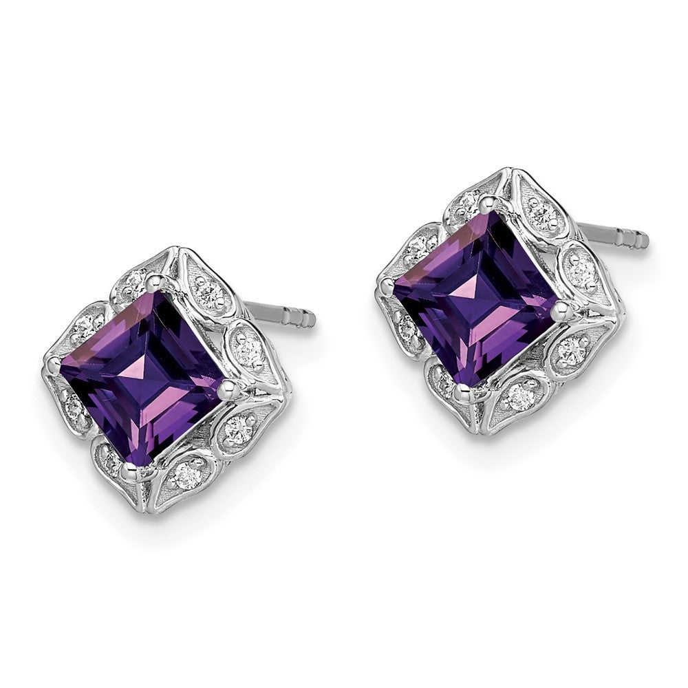 14k White Gold Square Amethyst and Real Diamond Earrings