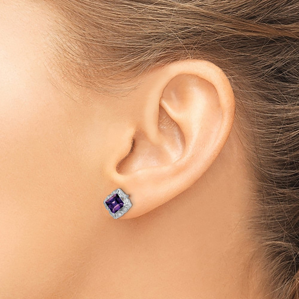 14k White Gold Square Amethyst and Real Diamond Earrings