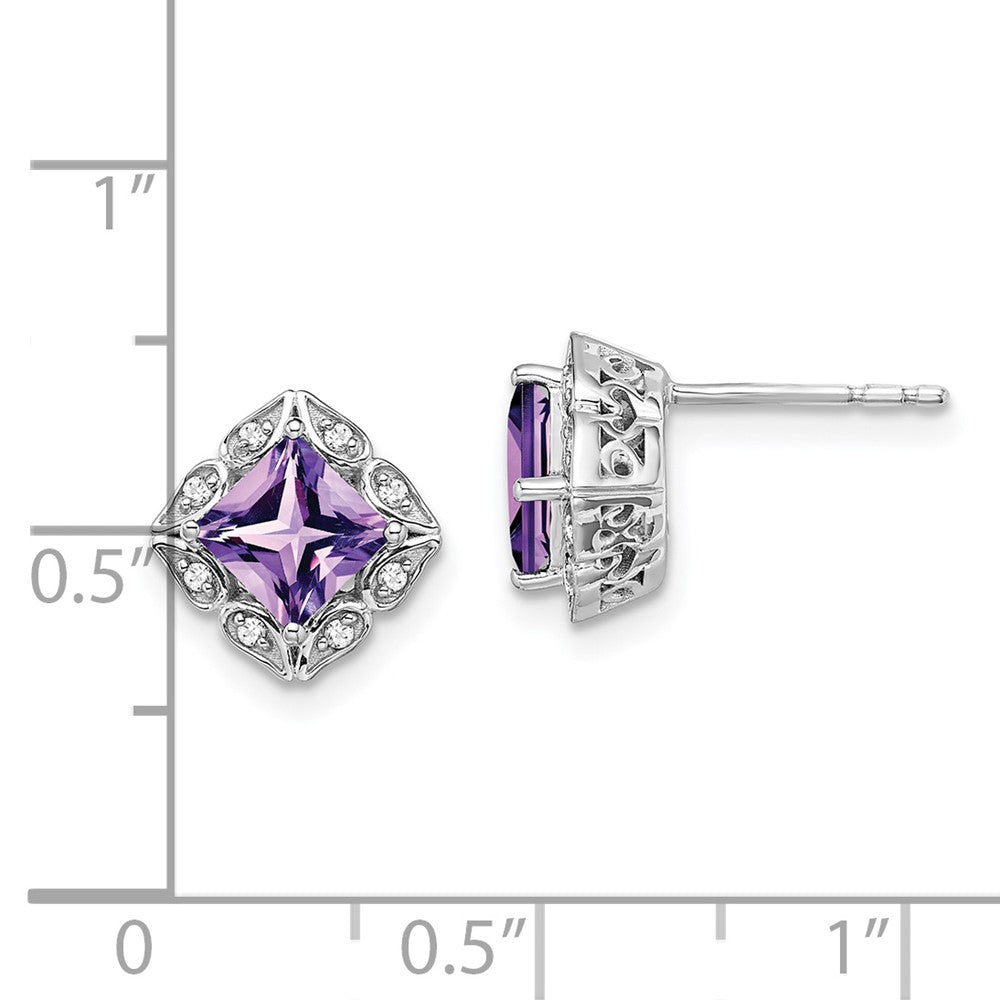 14k White Gold Square Amethyst and Real Diamond Earrings