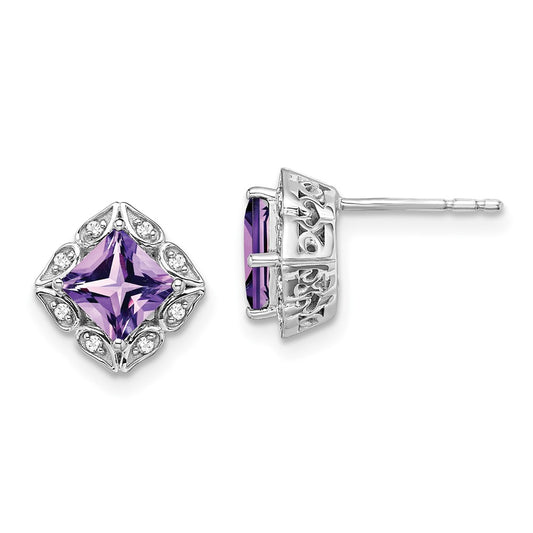 Solid 14k White Gold Square Simulated Amethyst and CZ Earrings