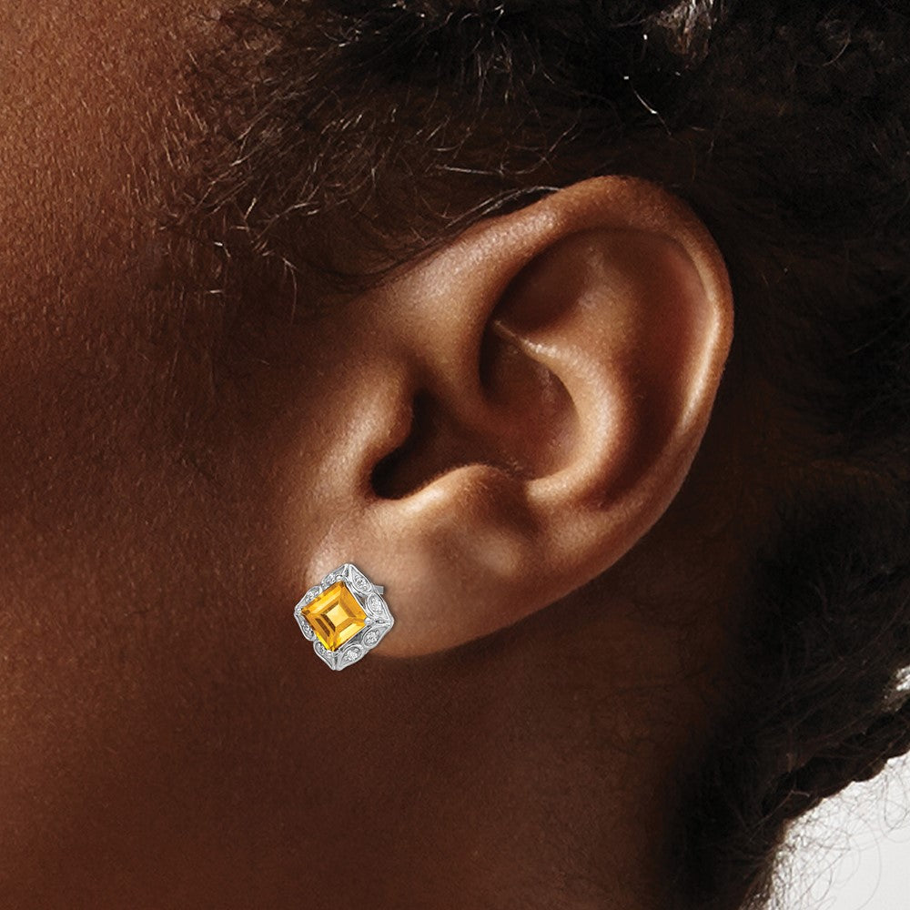 Solid 14k White Gold Square Simulated Citrine and CZ Earrings