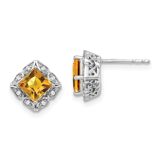 Solid 14k White Gold Square Simulated Citrine and CZ Earrings