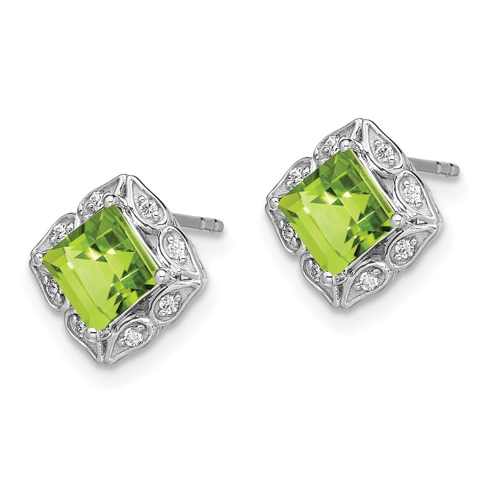 Solid 14k White Gold Square Simulated Peridot and CZ Earrings