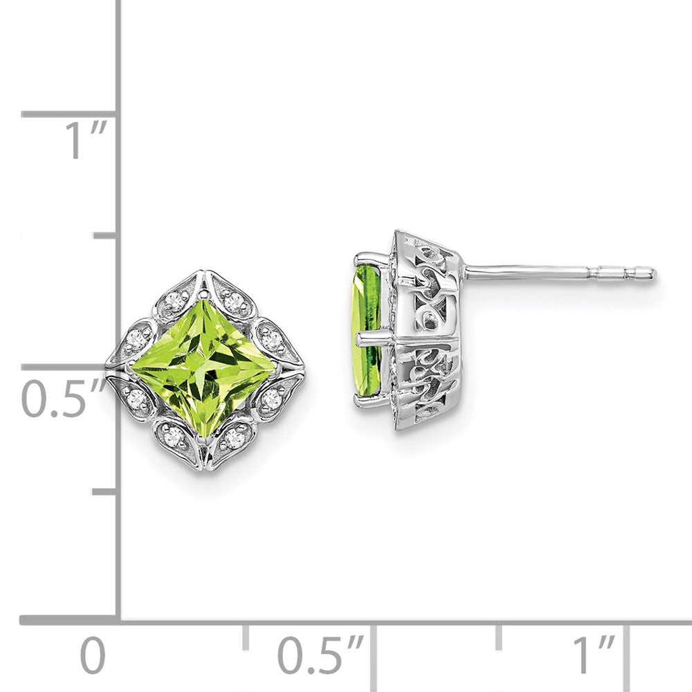 Solid 14k White Gold Square Simulated Peridot and CZ Earrings