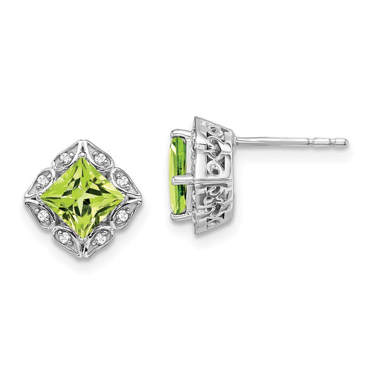 Solid 14k White Gold Square Simulated Peridot and CZ Earrings