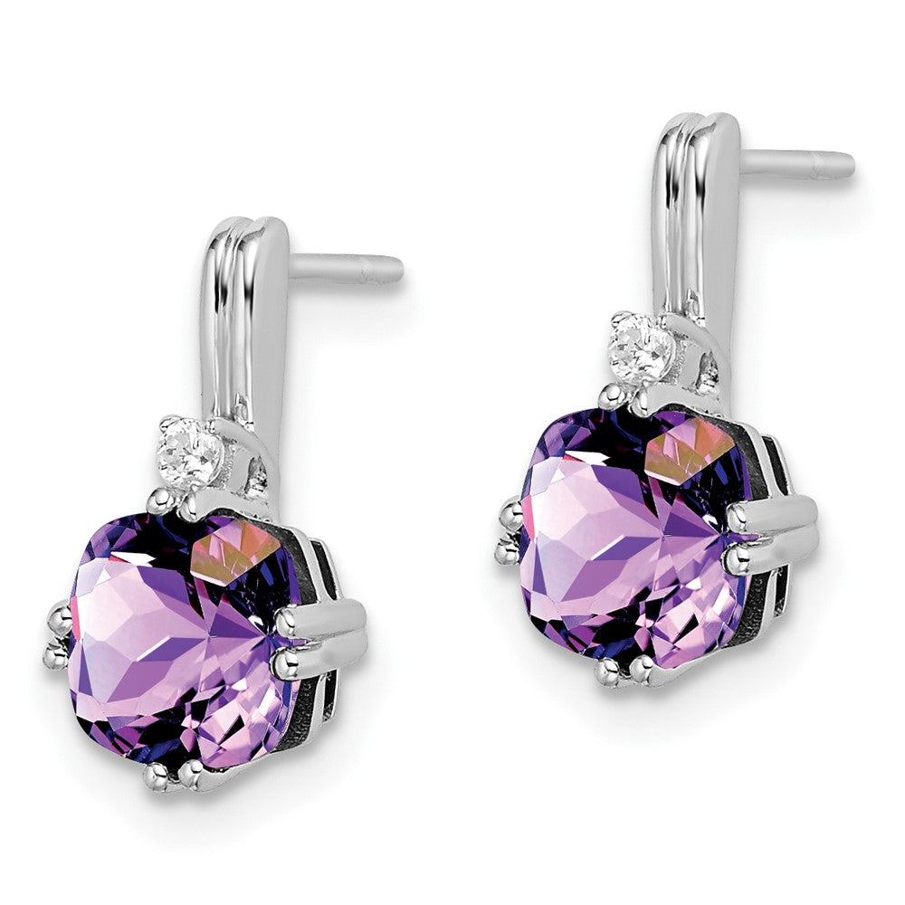 Solid 14k White Gold Cushion Simulated Amethyst and CZ Earrings