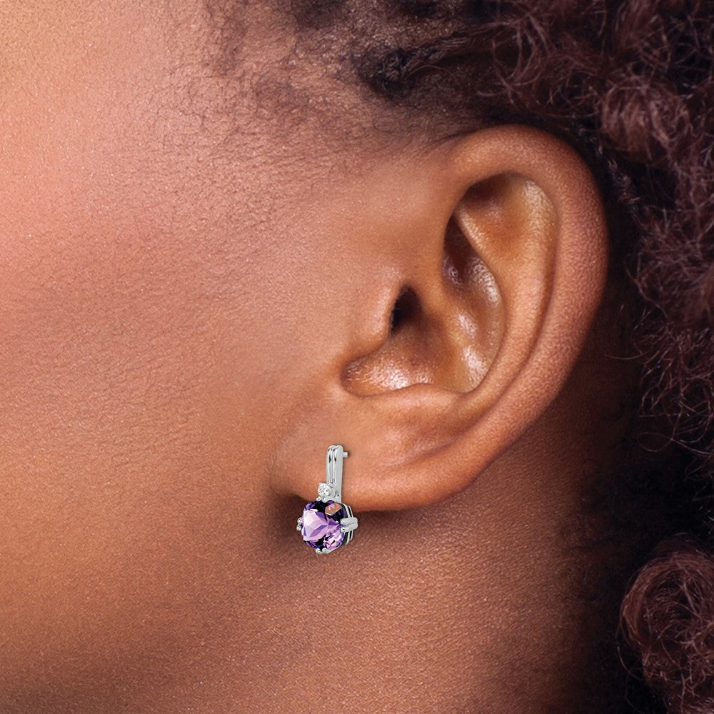 Solid 14k White Gold Cushion Simulated Amethyst and CZ Earrings