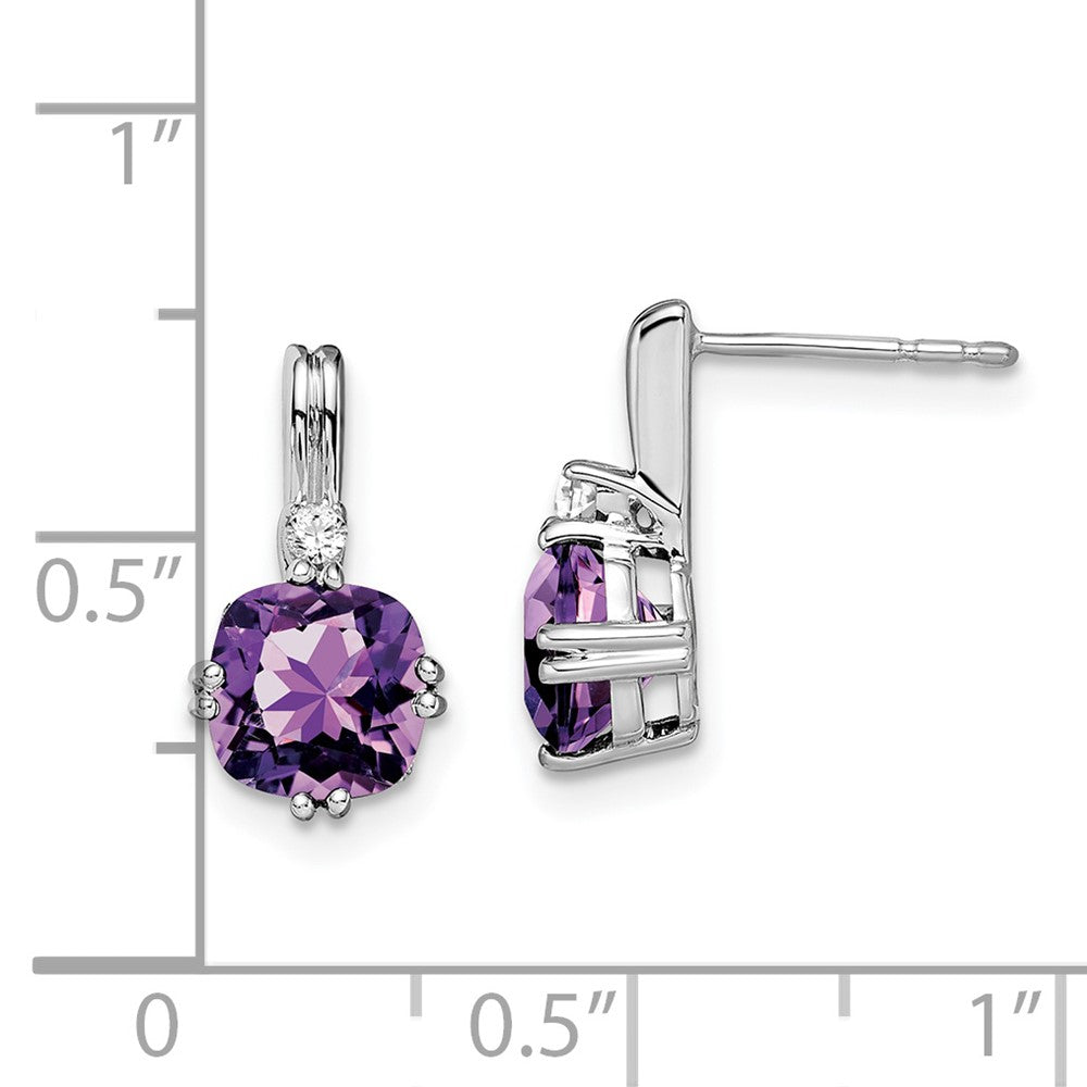 Solid 14k White Gold Cushion Simulated Amethyst and CZ Earrings