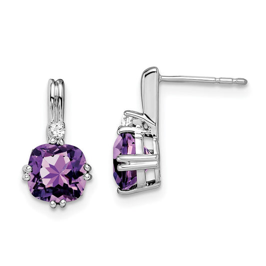 Solid 14k White Gold Cushion Simulated Amethyst and CZ Earrings