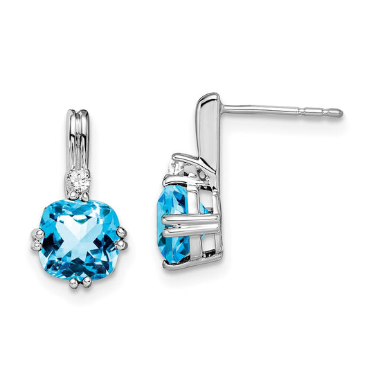 14k White Gold Cushion Blue Topaz and Real Diamond Earrings