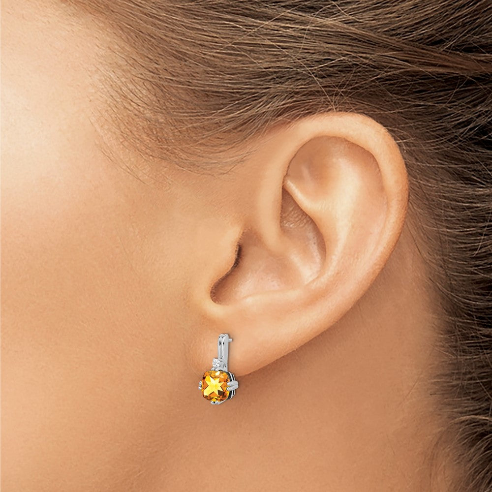 Solid 14k White Gold Cushion Simulated Citrine and CZ Earrings