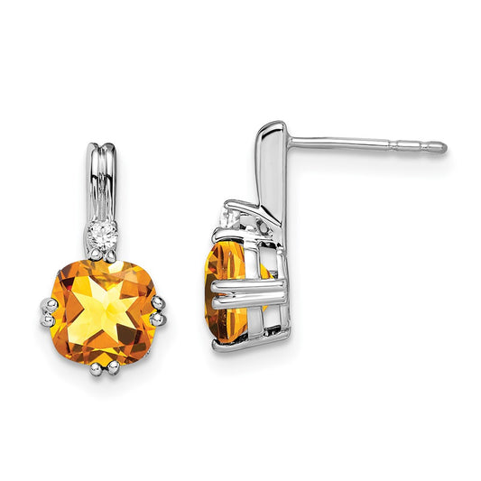 Solid 14k White Gold Cushion Simulated Citrine and CZ Earrings