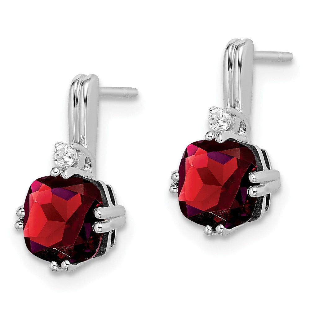 Solid 14k White Gold Cushion Simulated Garnet and CZ Earrings