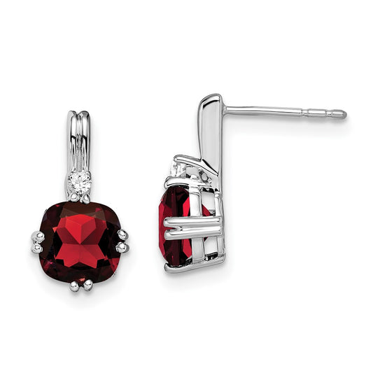 Solid 14k White Gold Cushion Simulated Garnet and CZ Earrings