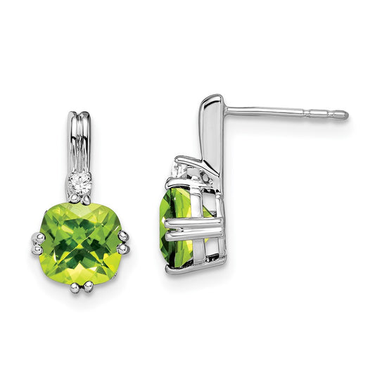 Solid 14k White Gold Cushion Simulated Peridot and CZ Earrings