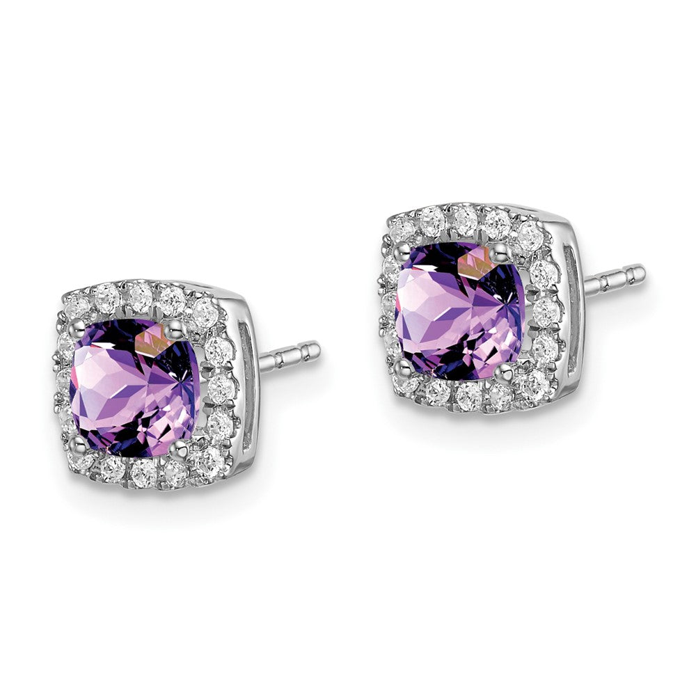 Solid 14k White Gold Cushion Simulated Amethyst and CZ Halo Earrings