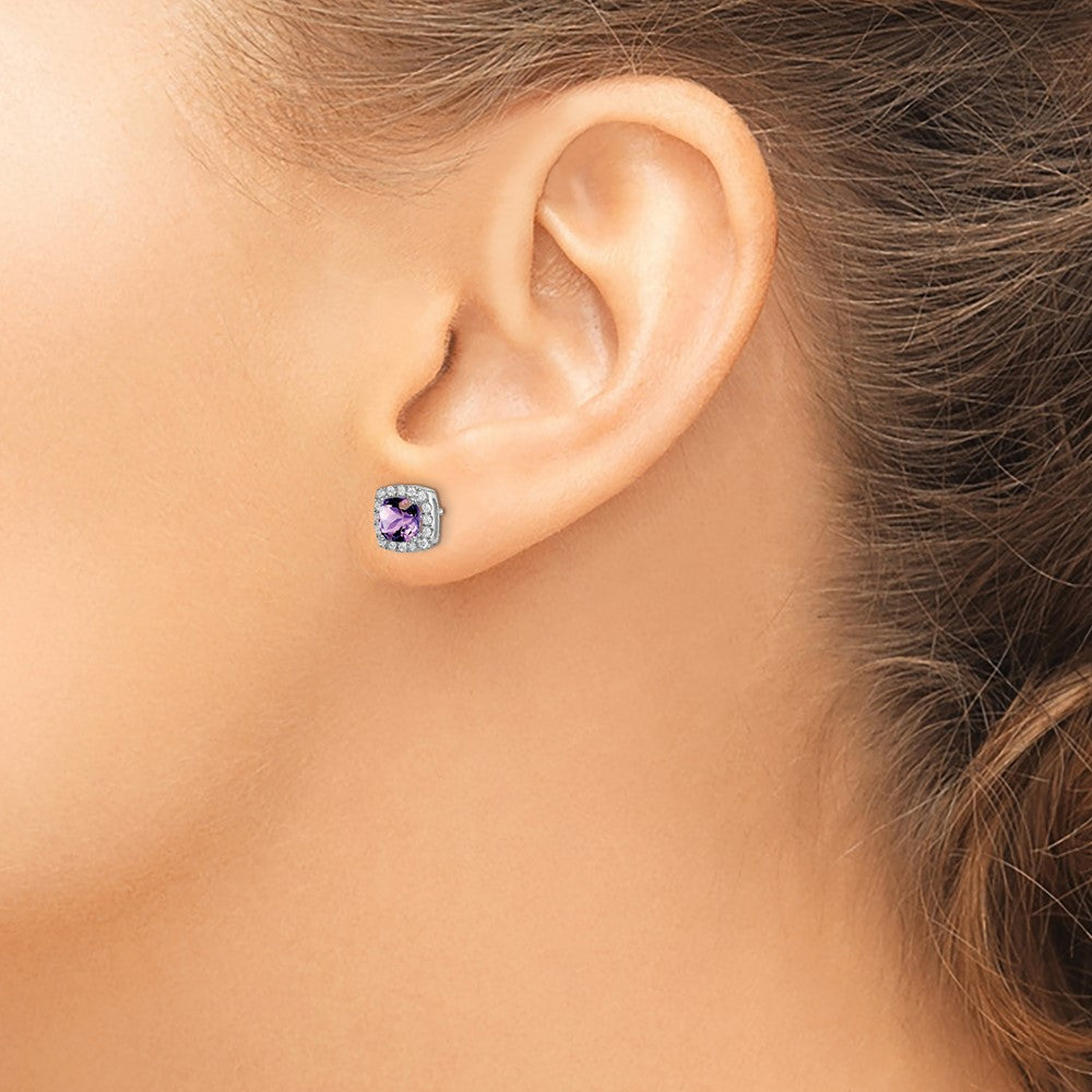 Solid 14k White Gold Cushion Simulated Amethyst and CZ Halo Earrings