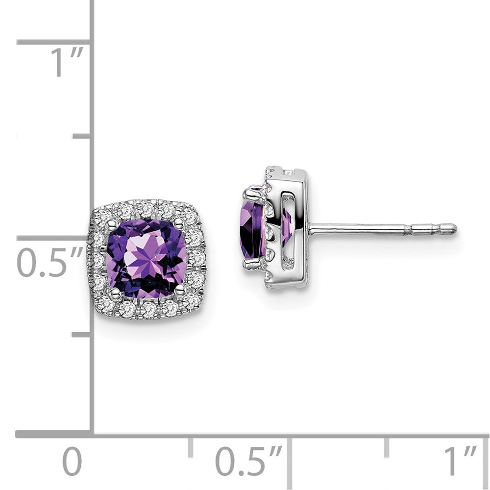 Solid 14k White Gold Cushion Simulated Amethyst and CZ Halo Earrings