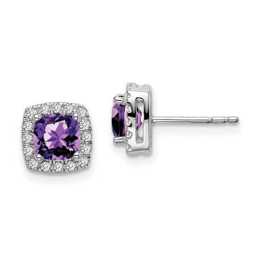 Solid 14k White Gold Cushion Simulated Amethyst and CZ Halo Earrings