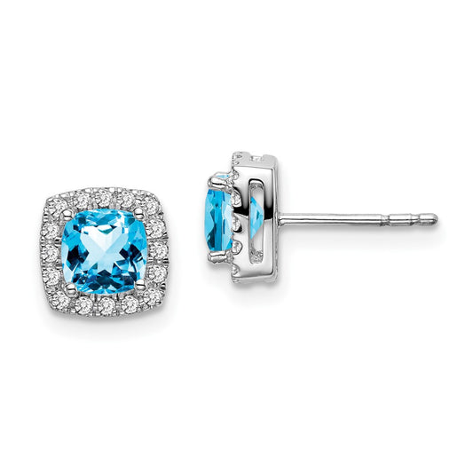 14k White Gold Cushion Blue Topaz and Real Diamond Halo Earrings