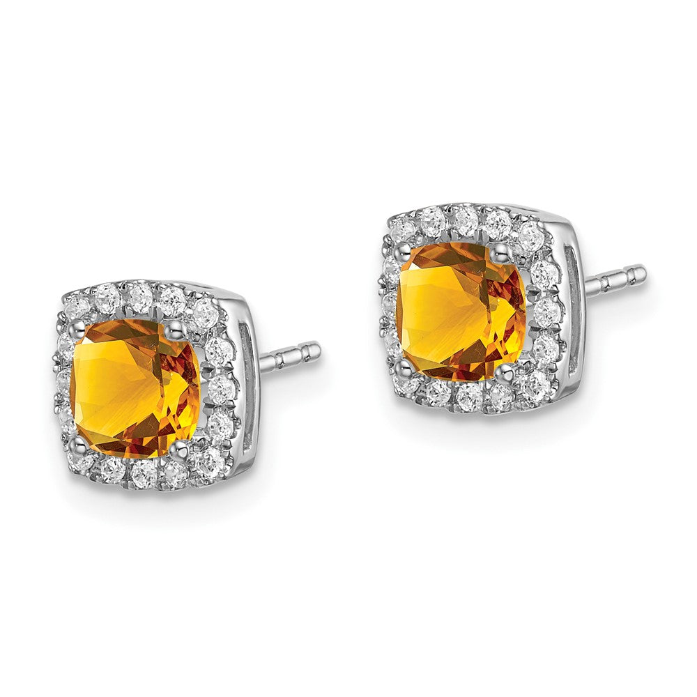 Solid 14k White Gold Cushion Simulated Citrine and CZ Halo Earrings