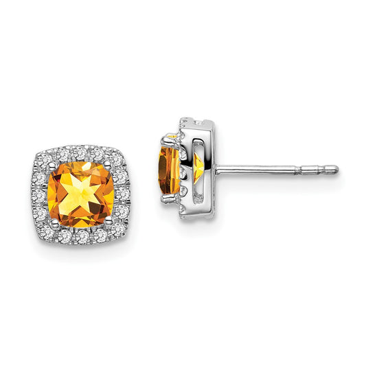 Solid 14k White Gold Cushion Simulated Citrine and CZ Halo Earrings