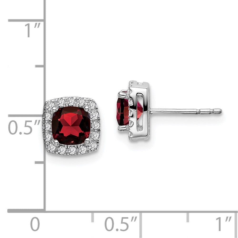 Solid 14k White Gold Cushion Simulated Garnet and CZ Halo Earrings