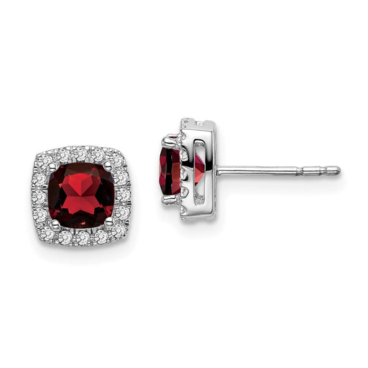 Solid 14k White Gold Cushion Simulated Garnet and CZ Halo Earrings