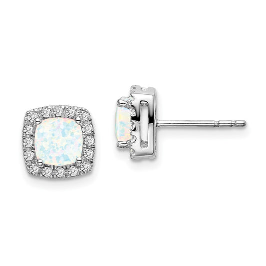 Solid 14k White Gold Cushion Created Simulated Opal and CZ Halo Earrings