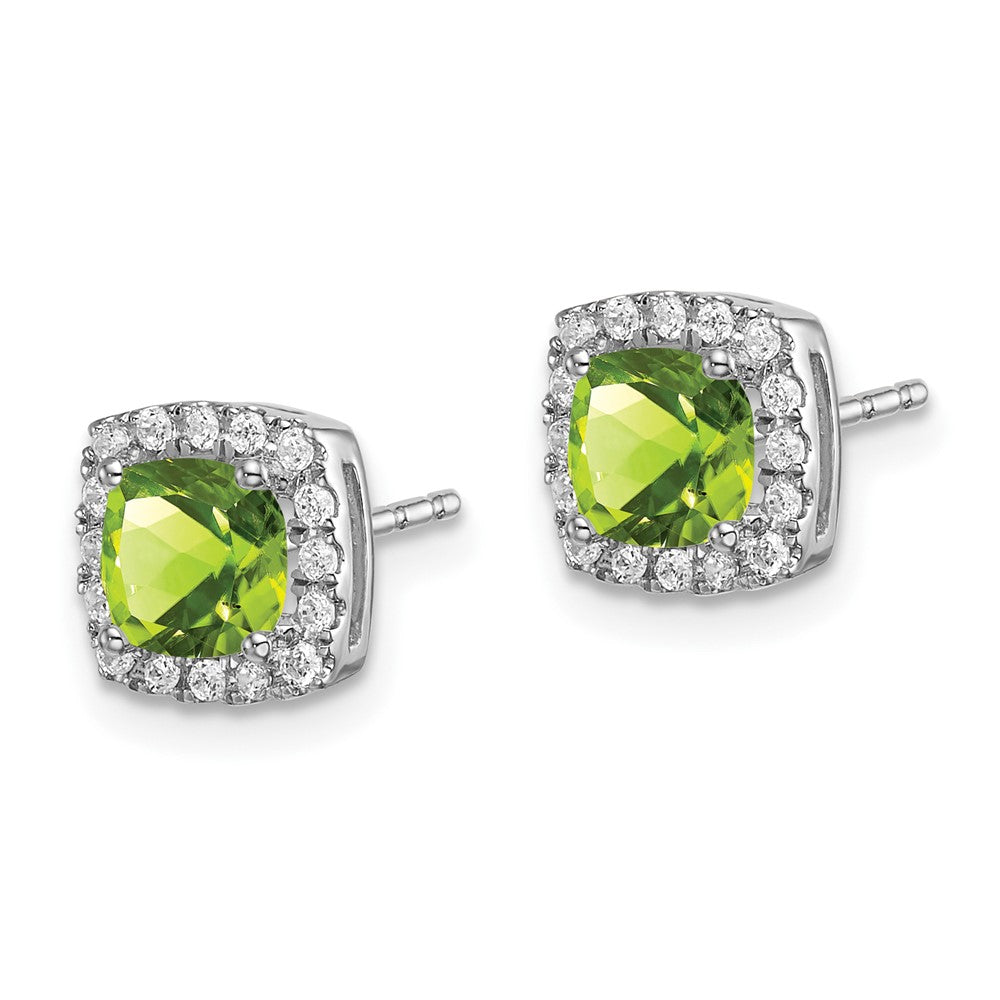 Solid 14k White Gold Cushion Simulated Peridot and CZ Halo Earrings