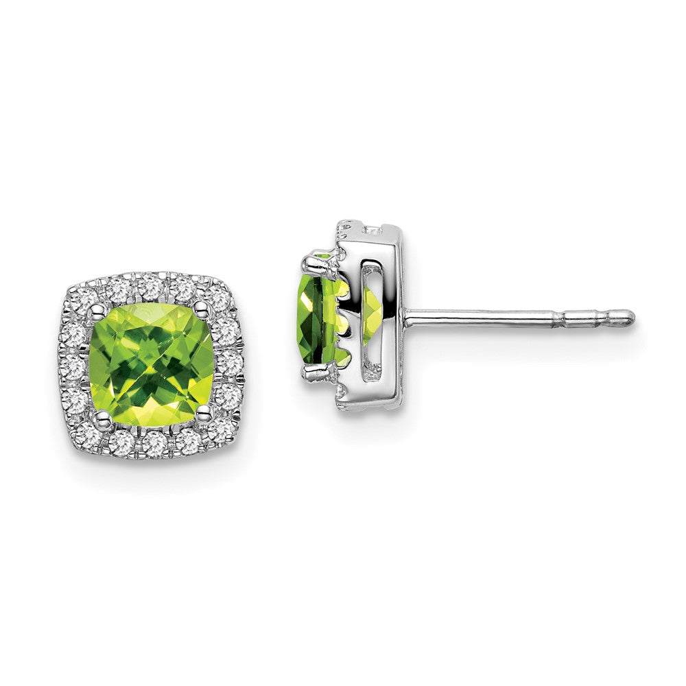 Solid 14k White Gold Cushion Simulated Peridot and CZ Halo Earrings