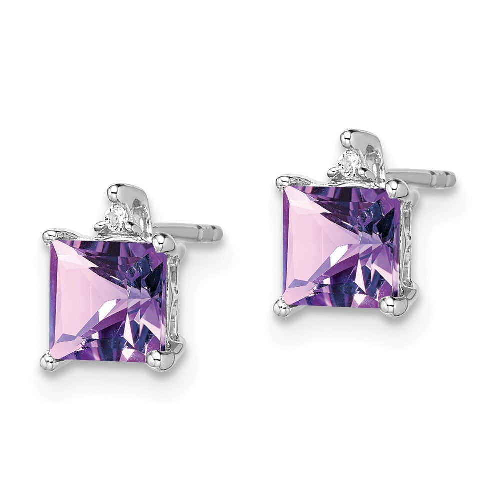 Solid 14k White Gold Princess Simulated Amethyst and CZ Earrings