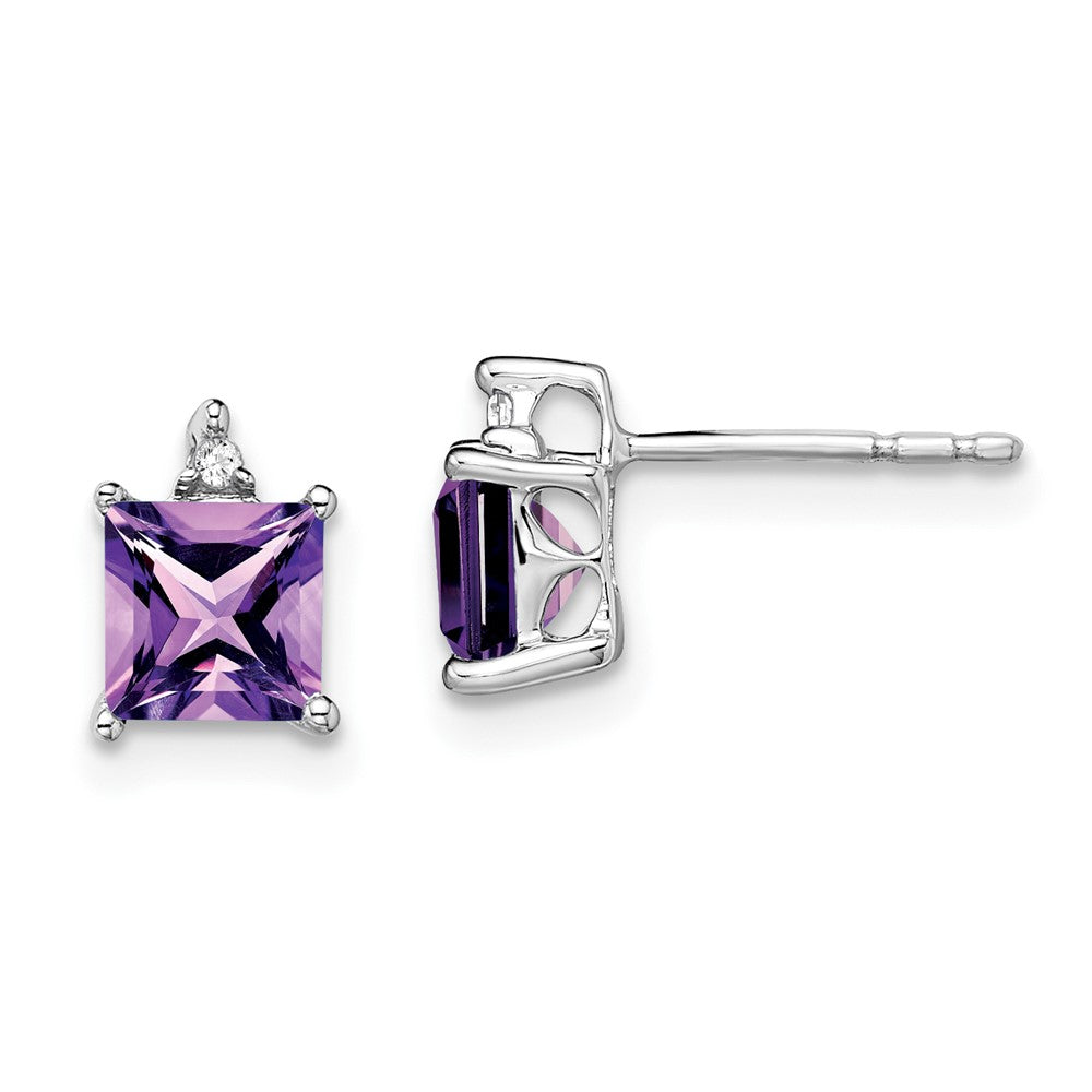 Solid 14k White Gold Princess Simulated Amethyst and CZ Earrings