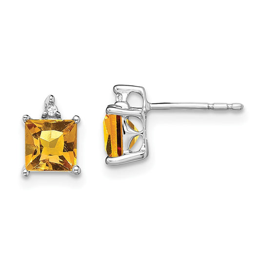 Solid 14k White Gold Princess Simulated Citrine and CZ Earrings